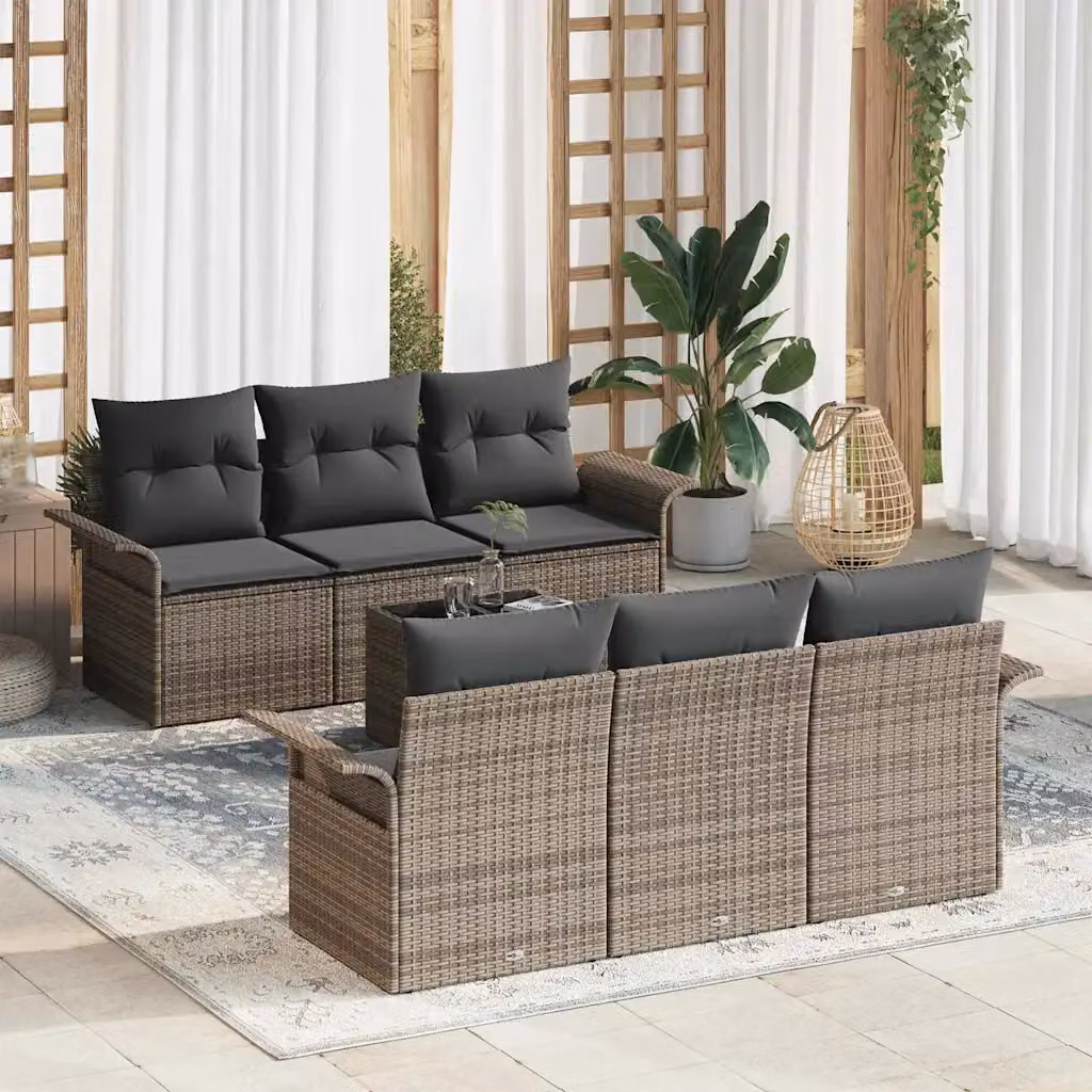 Set Divano da Giardino vidaXL 7 Pezzi Grigio con Cuscini e Tavolino in Vetro – 1
