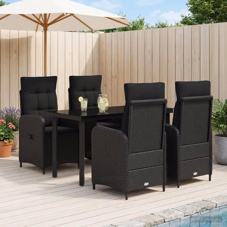 Set da pranzo per giardino e terrazzo vidaXL in polyrattan nero, composto da 5 pezzi con tavolo quadrato