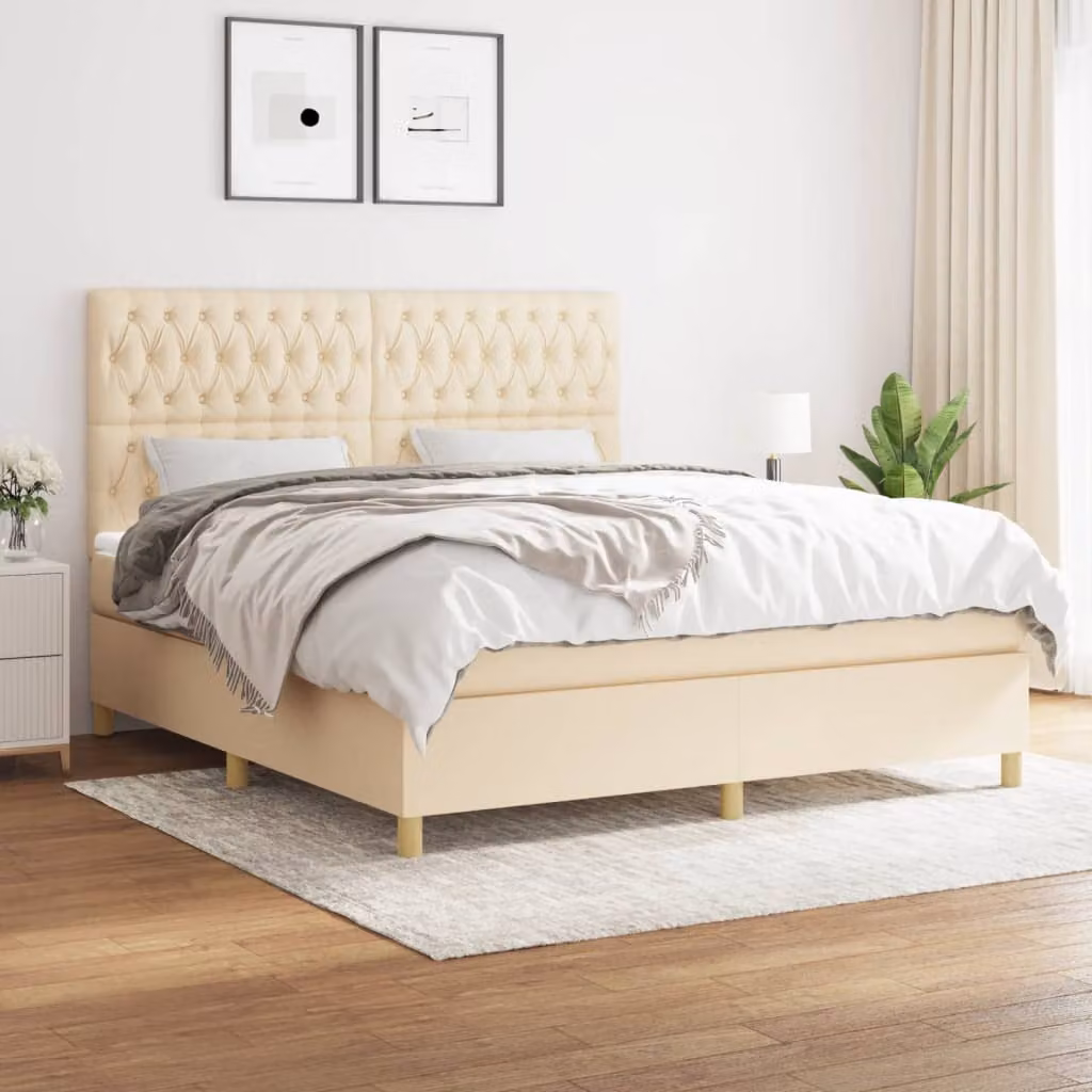 vidaXL Letto Ibrido con Giroletto a Molle e Materasso a Tasche in Tessuto Beige e Bianco L/P: 180 x 200 cm