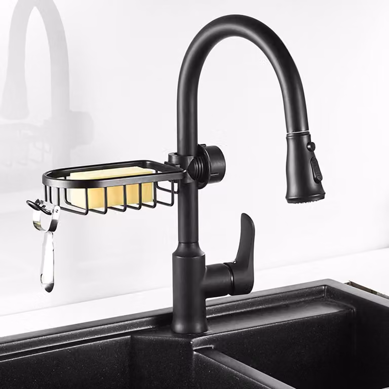 Rubinetto da cucina estraibile con portaspugna, colore nero