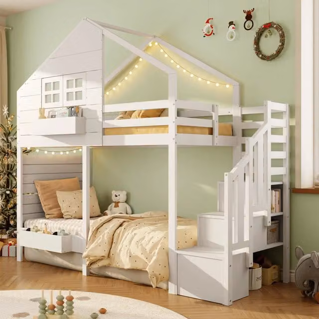 Letto a castello a casetta 90x200 cm con finestra, scala contenitore e protezioni, legno massello, bianco