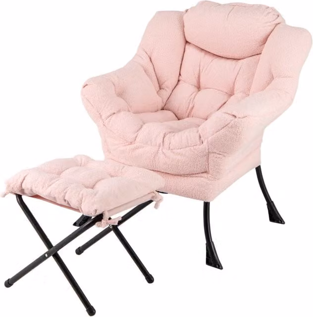 Poltrona imbottita Design Mania con poggiapiedi pieghevole e braccioli, colore rosa