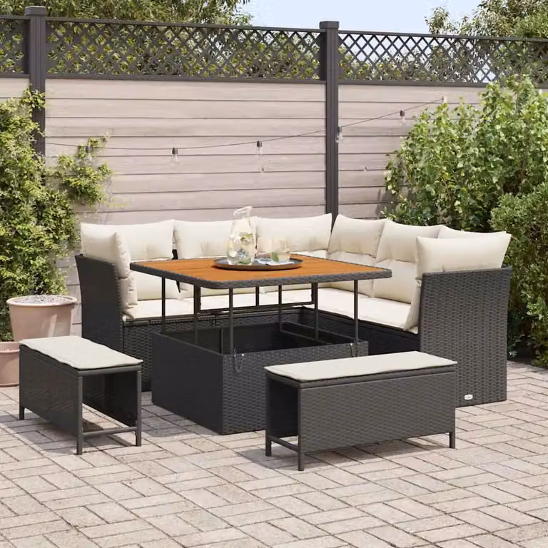 Set Divano da Giardino a L vidaXL 8 Pezzi Nero con Cuscini e Tavolino da Esterno in Polyrattan e Acciaio