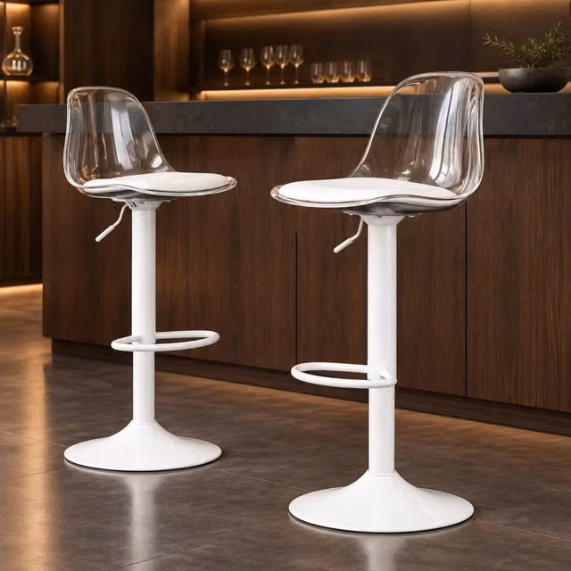 Set 2 sgabelli da bar regolabili 82-104 cm; schienale trasparente e base in metallo bianco
