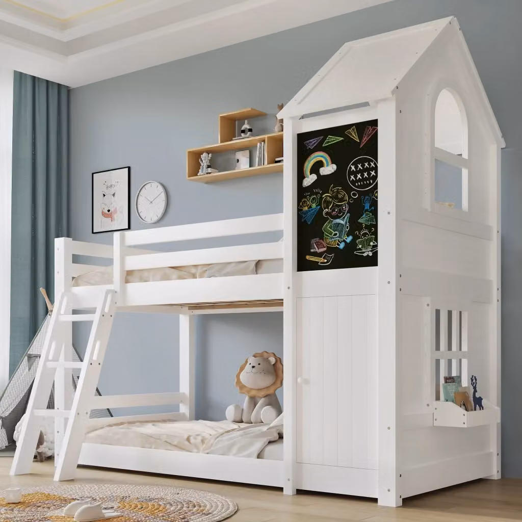 Letto a Castello per Bambini con Tetto, Finestre, Lavagna e Scala Inclinata, Bianco, L/P/H: 205 x 90 x 120 cm – 2