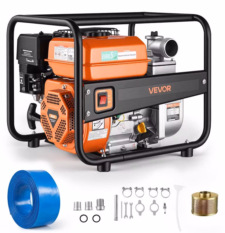 Pompa a benzina per acqua, diametro 50,8 mm, portata 158 GPM, potenza 7 CV, altezza di aspirazione 8,9 metri