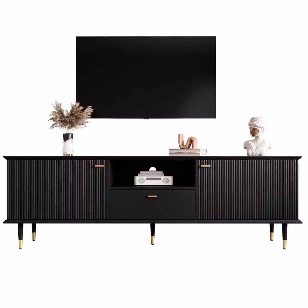 Mobile TV Chicfurn nero per soggiorno con 2 ante, 1 nicchia aperta, 1 cassetto e cerniere soft-close, L 170 x P 36 x H 54 cm – 2