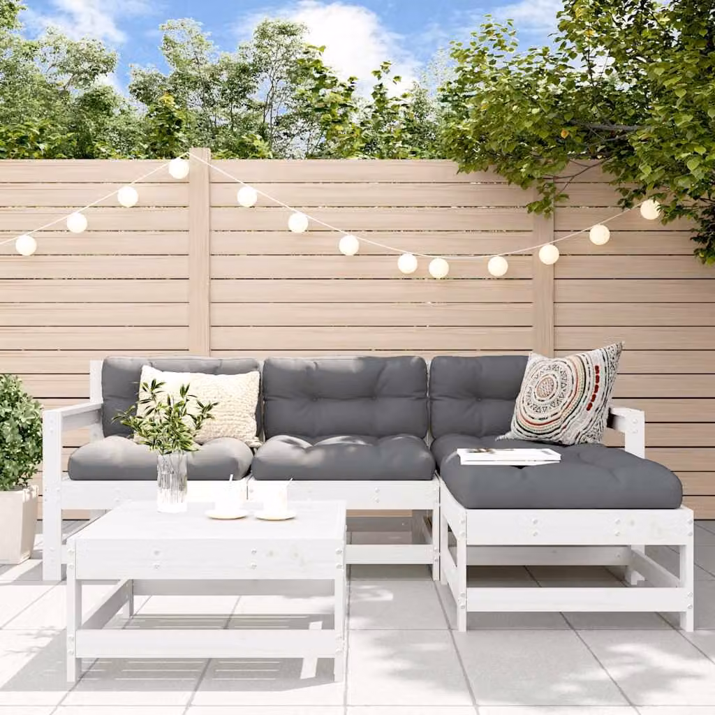 Set Salotto da Giardino vidaXL 5 Pezzi in Legno di Pino Bianco con Cuscini e Design a L