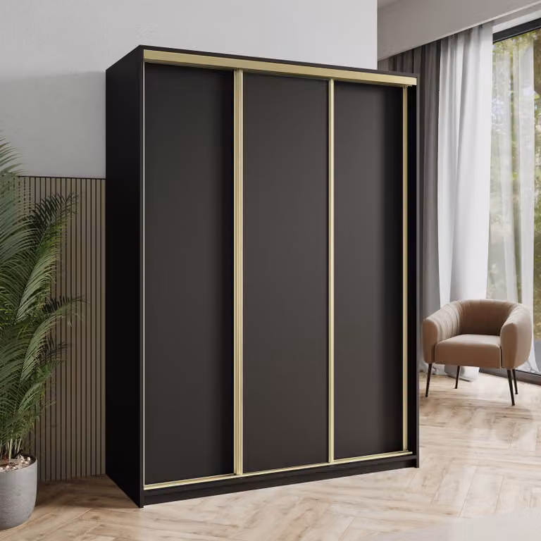 Armadio scorrevole Masseno NISSE 150/205/60 cm Armadio con cassetti Armadio per camera da letto 3 ante Nero + Oro
