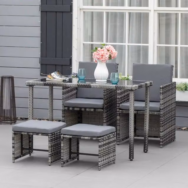 Set da pranzo da giardino in Polyrattan per 4 persone con cuscini, grigio, resistente alle intemperie