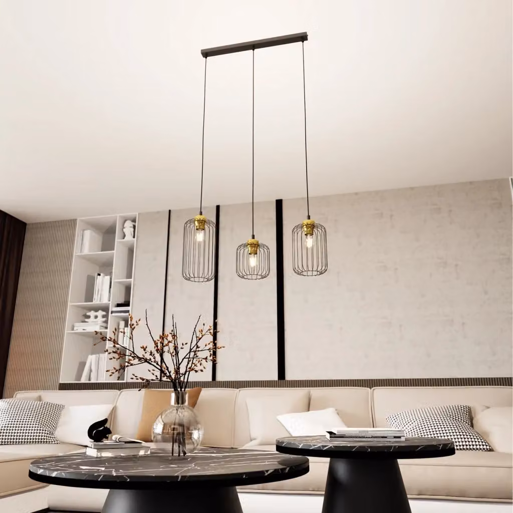 Lampada a sospensione Donar Luceart-Classic stile industrial con 3 luci lineari in metallo nero e oro con altezza regolabile – 2