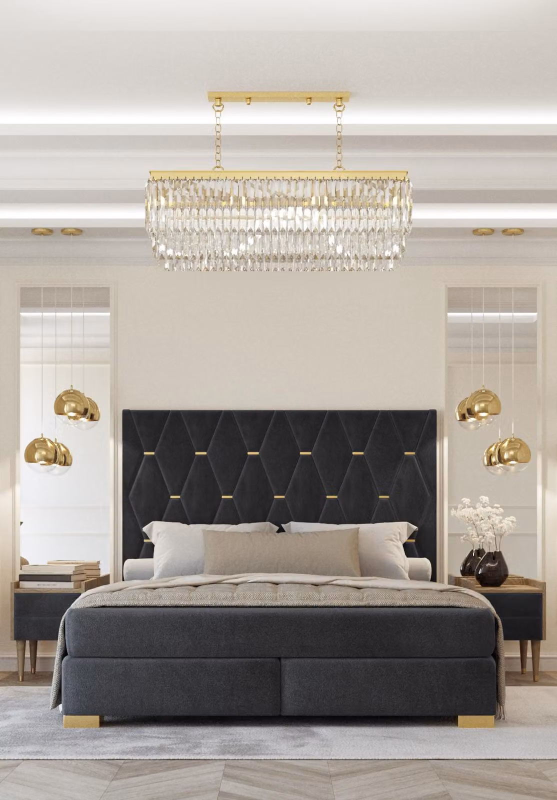 Designer Graue Schlafzimmer Garnitur Edelstahl Doppelbett Nachttische