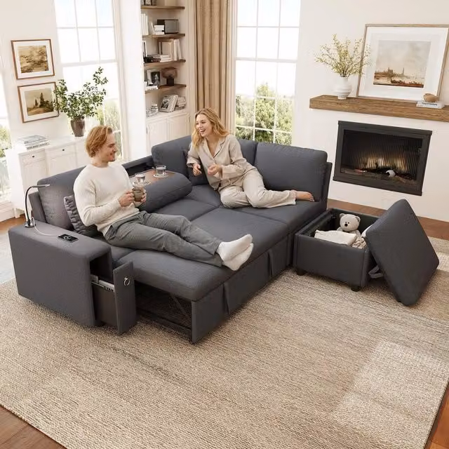 Divano angolare letto estraibile con cuscini ¨C Minimal ¨C grigio tessuto con vano contenitore