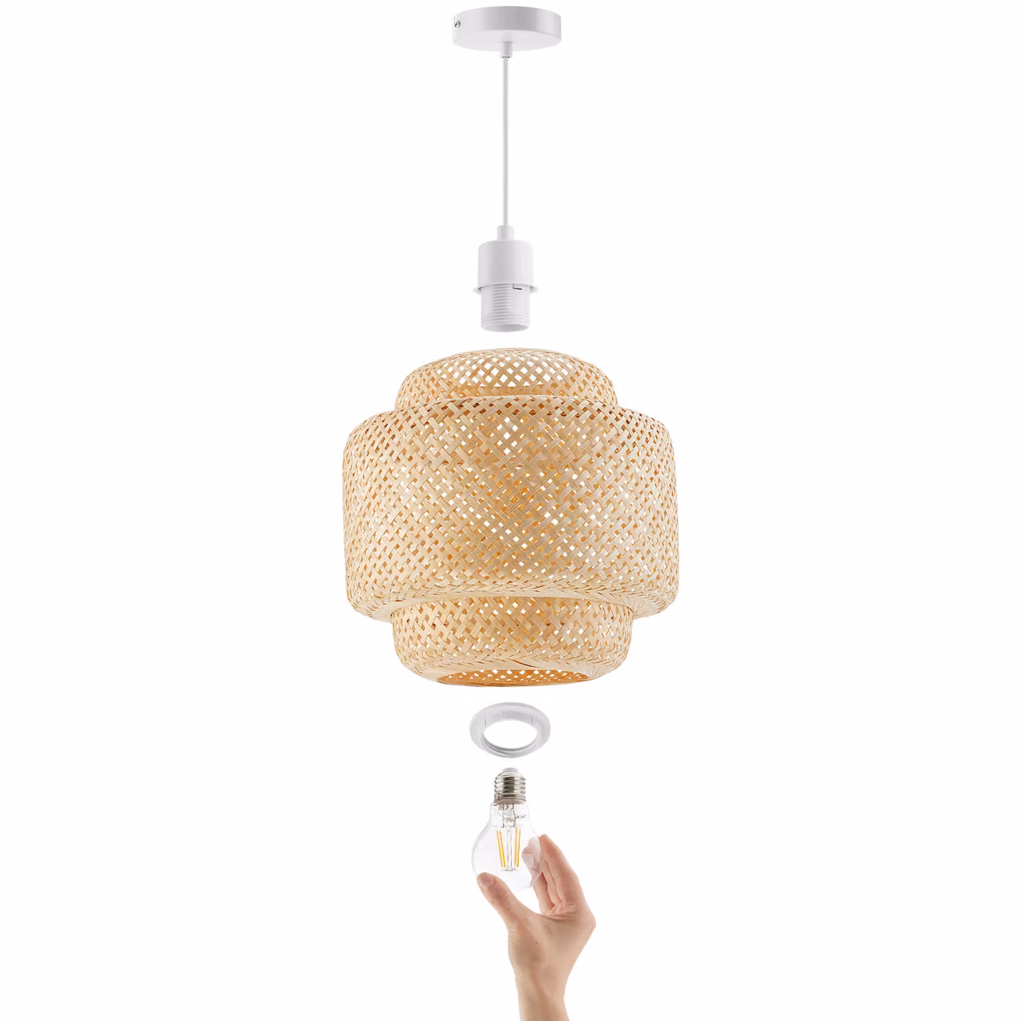 Plafoniera sospesa in bambù tectake in stile boho, forma rotonda, marrone e beige, 40W, attacco E27, altezza regolabile – 2