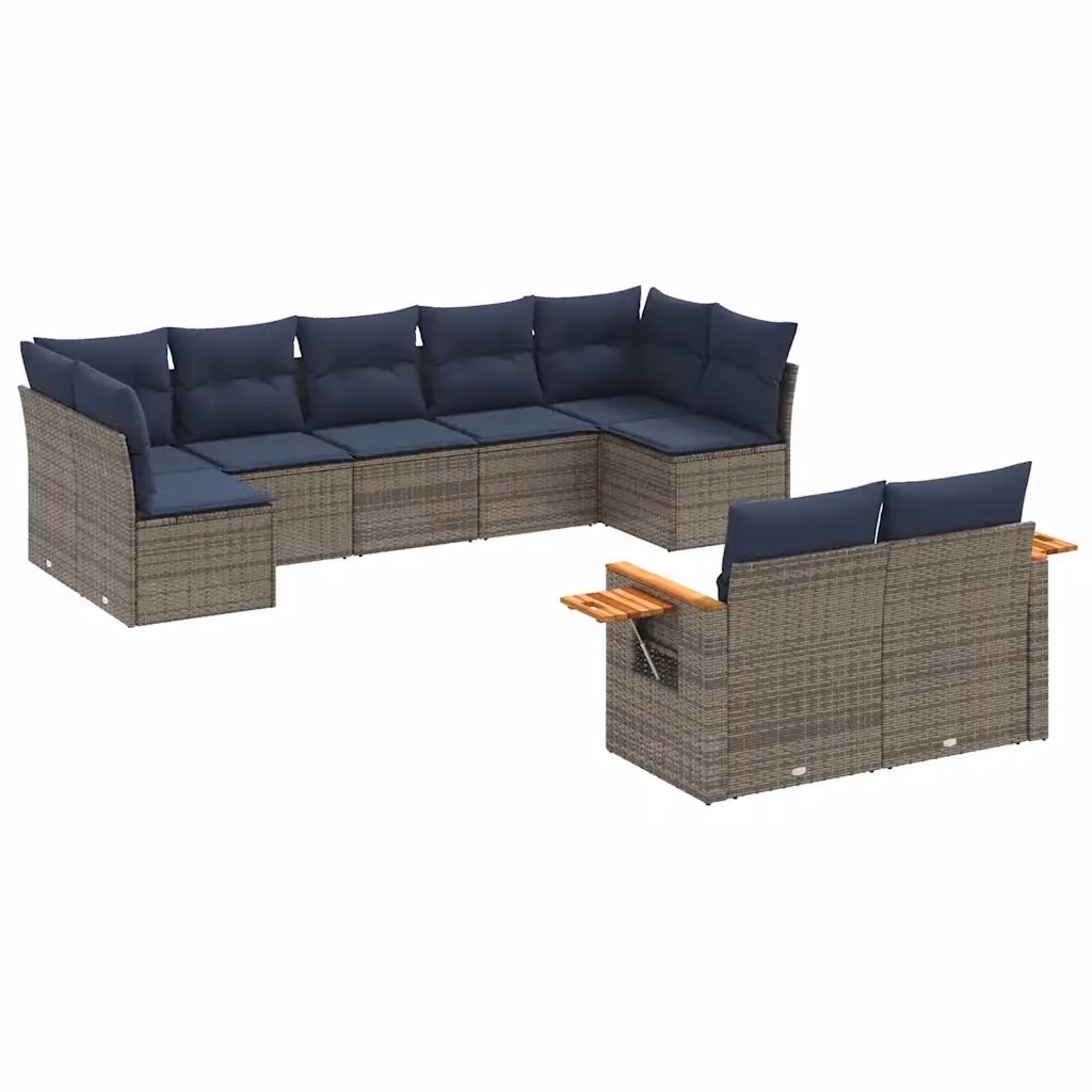 Set di divani da giardino vidaXL a forma di U composto da 9 pezzi in polyrattan con cuscini grigi e blu e tavolino da esterno – 2