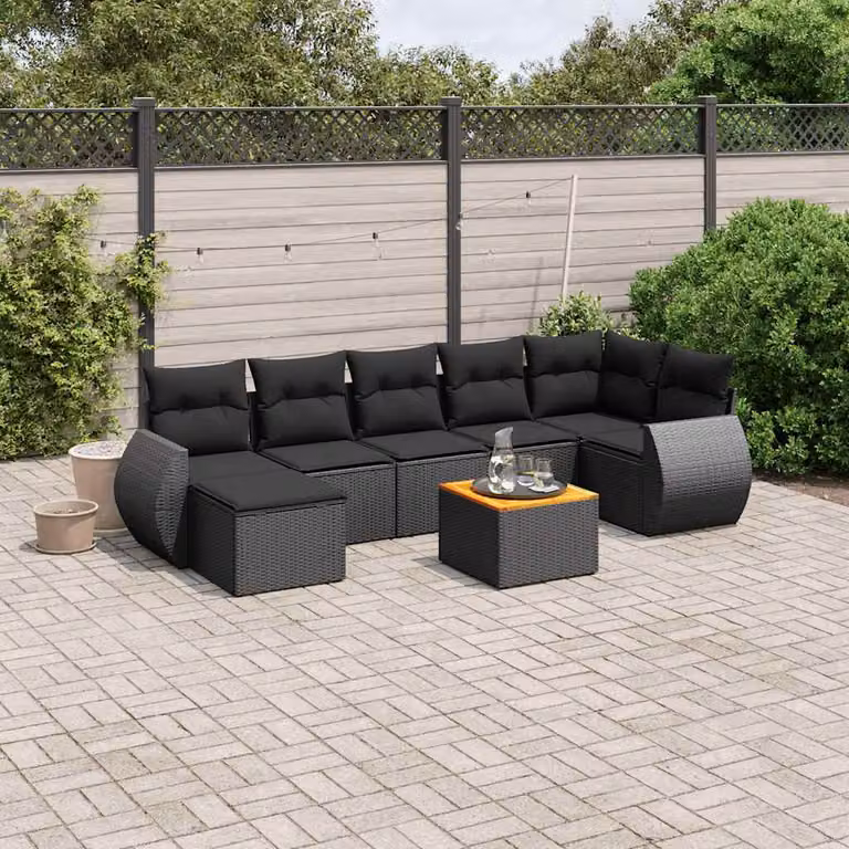 Set di divani da giardino vidaXL a forma di L con 8 pezzi, colore nero, in polyrattan con cuscini inclusi