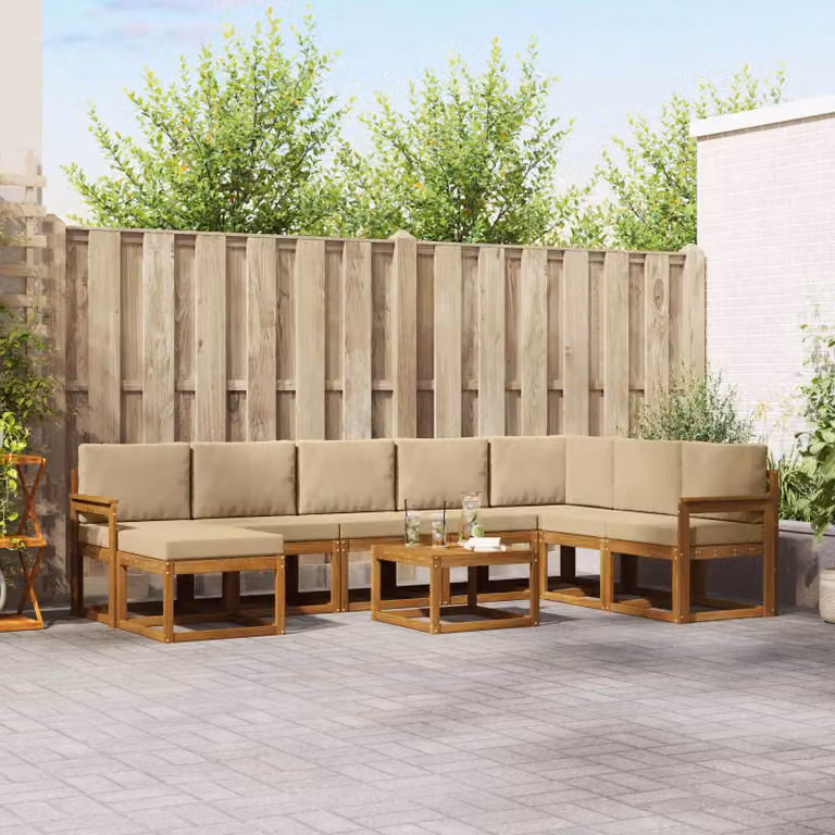 vidaXL Set di divani da esterno 9 pz in legno di acacia con cuscini Beige e Marrone