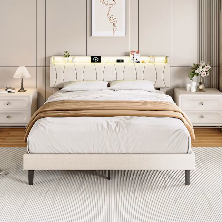 Letto imbottito REMZETTA, 140x200 cm, matrimoniale, con LED RGB, controllo tramite app, porte USB-C e 2 porte USB, rete a doghe, colore beige, senza materasso