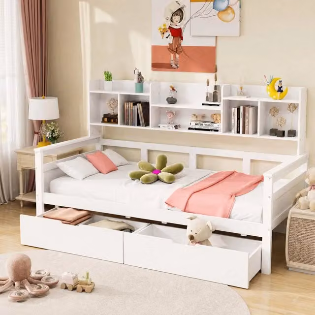 Letto divano singolo 90x200 cm con 2 cassetti e vani laterali; bianco