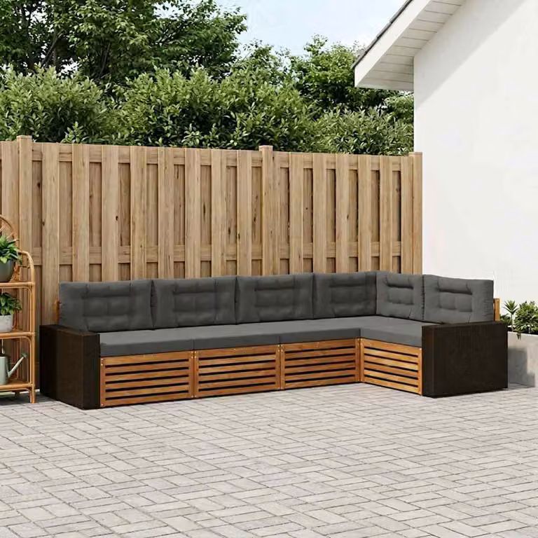 vidaXL Set di divani da esterno a forma di L composto da 5 pezzi in legno di acacia con cuscini beige e antracite
