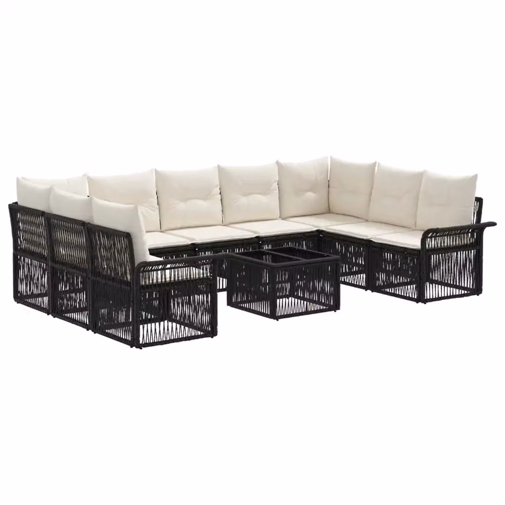 Set Divano da Giardino vidaXL a Forma a U in Polyrattan Nero con Cuscini e Tavolino da Esterno – 2