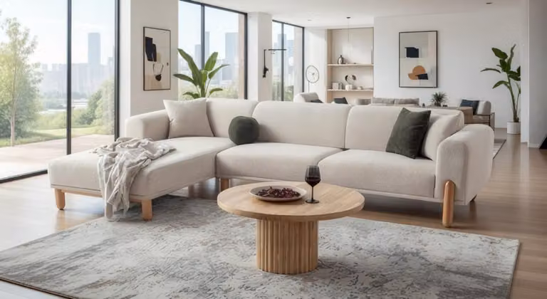 Divano ad angolo beige con gambe in legno per salotti accoglienti