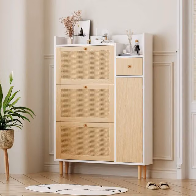 Scarpiera con 3 ante a ribalta, cassetto e ripiani regolabili per ingresso, in MDF naturale e bianco, 90 × 17 × 125 cm