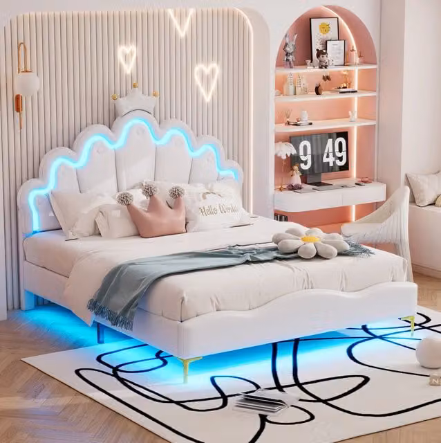 Letto matrimoniale 140x200 cm; testiera a nuvola con corona e LED; PU e MDF; bianco