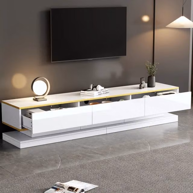 Mobile TV 200x40x40 cm, basso con 3 cassetti, finitura lucida e bordo oro, grande spazio contenitivo, colore bianco caldo