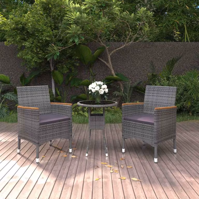 Set da pranzo per giardino e terrazzo vidaXL in 3 pezzi in polyrattan grigio con tavolo in vetro e legno di acacia
