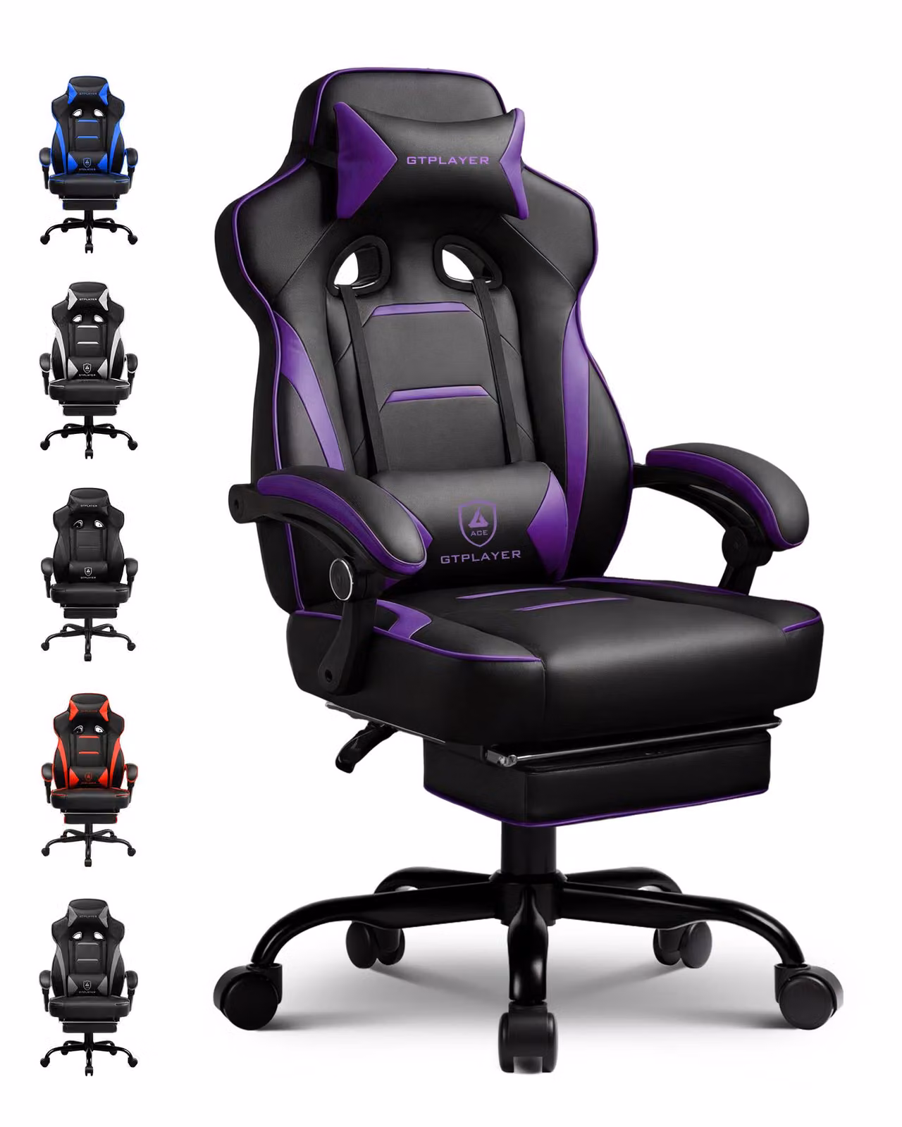 Sedia da gaming GTPLAYER con poggiapiedi, sedia da ufficio ergonomica con capacità di carico di 150 kg, poltrona da gaming con supporto lombare e poggiatesta, sedia da computer regolabile in altezza