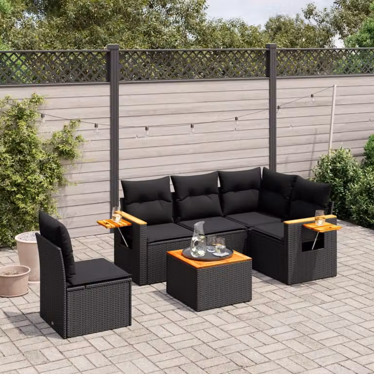 vidaXL Set Divano da Giardino 6 pz in Polyrattan Nero con Cuscini e Tavolino da Caffè