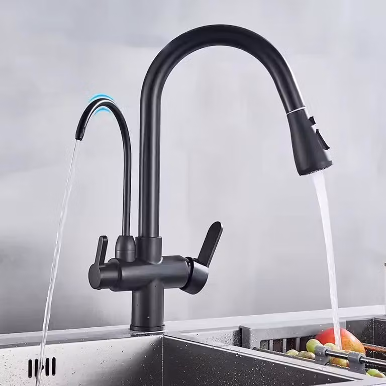 Rubinetto da cucina con filtro - Miscelatore per lavello - Rotazione a 360° - Tubo flessibile estraibile - Rubinetto per acqua calda e fredda - Acciaio inossidabile - Nero