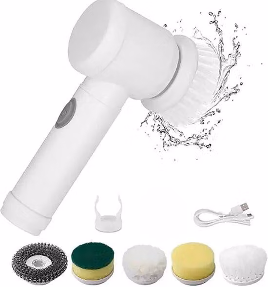 Spazzola elettrica multiuso 5 in 1, spazzola per la pulizia manuale con 5 testine intercambiabili, ricaricabile tramite USB, portatile, fa risparmiare tempo, ideale per pareti, piastrelle, pavimenti e vasche da bagno