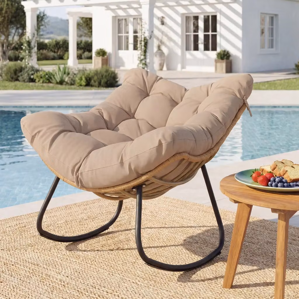 Sedia a dondolo in rattan e metallo con cuscino rimovibile beige per interno ed esterno in stile boho – 2