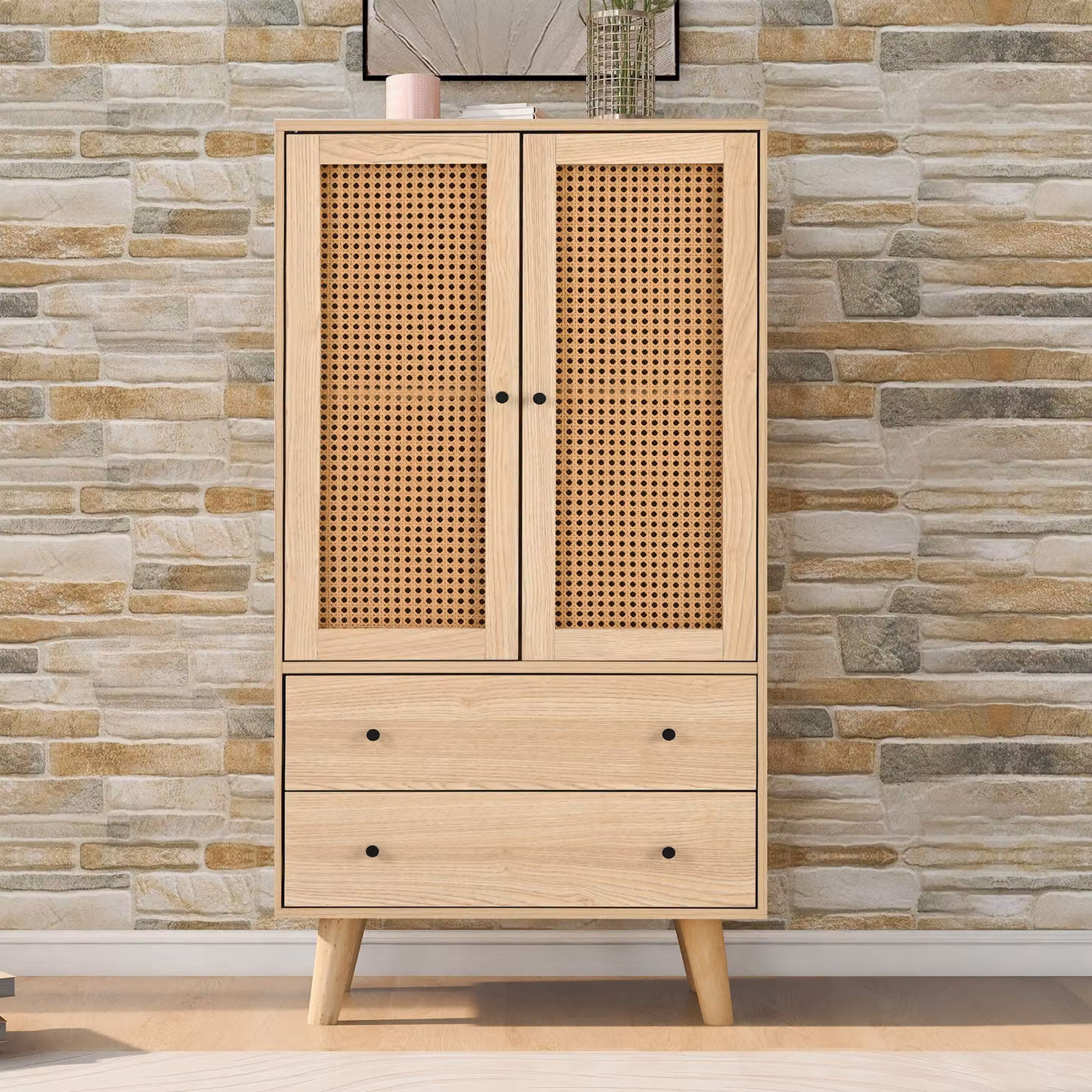Flieks cassettiera con 2 cassetti e 2 ante, mobili da soggiorno in rattan mobile in piedi tavolo TV 60x40x120cm