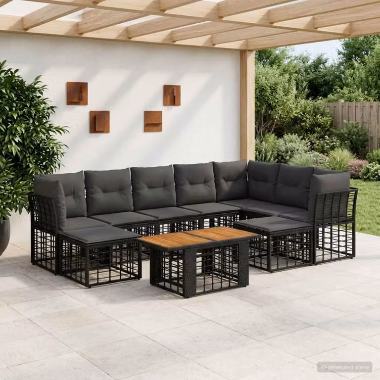 Set Divano da Giardino vidaXL 10 Pezzi in Polyrattan con Cuscini, Colore Nero e Grigio