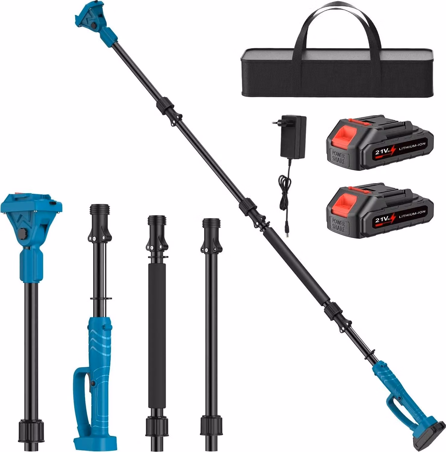 Albero telescopico da 2 m per motosega elettrica e potatore a catena - Albero di prolunga - Lunghezza regolabile da 1 a 2 m - Giunto articolato a 180° con 5 posizioni - Realizzato in lega di alluminio - 2 batterie + caricabatterie per l'Unione Europea