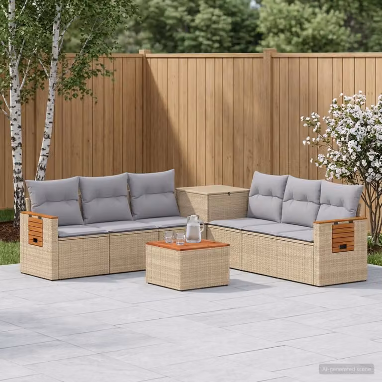 Set di divani da giardino vidaXL a forma di U composto da 8 pezzi con tavolino da caffè, in metallo con rivestimento in tessuto beige e grigio, resistente ai raggi UV