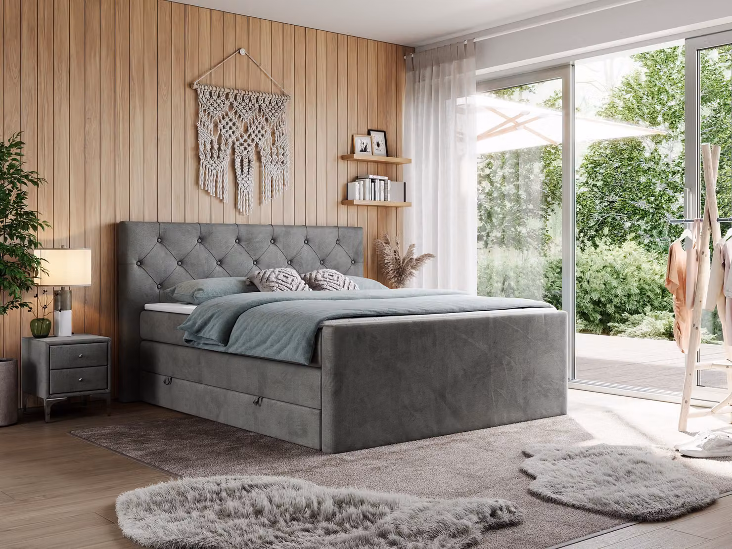Letto matrimoniale con materasso Multipocket e coprimaterasso, letto boxspring con cassetti - KING VELEN - 160x200 cm - Grigio scuro - H3