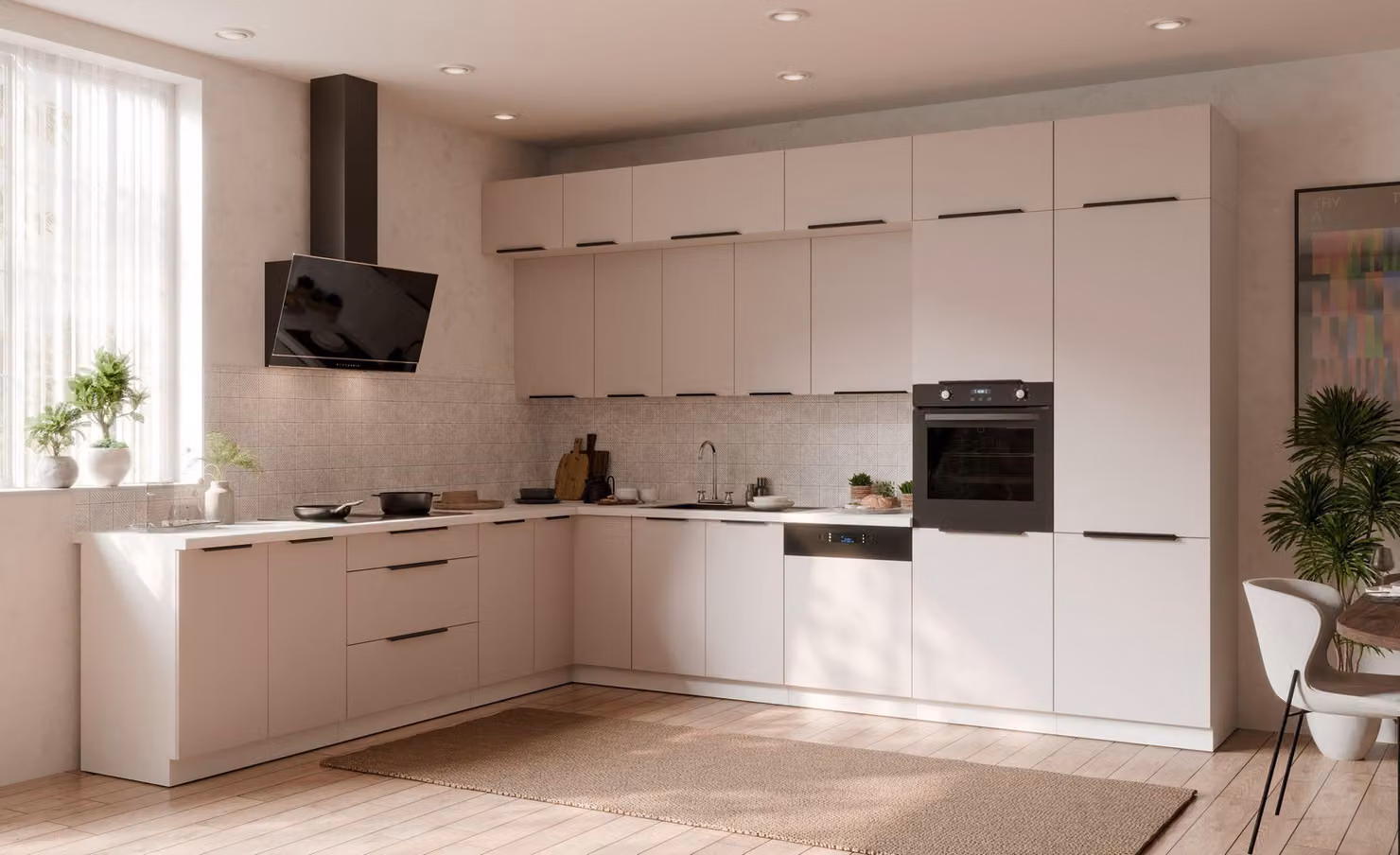 Cucina ad angolo COMO XL 290x350, cucina a angolo, beige cashmere + bianco opaco con ampio spazio contenitivo