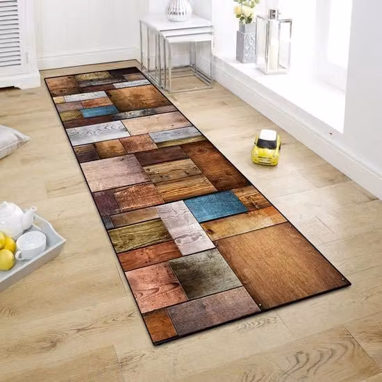 Tappeto per ingresso, cucina e bagno, copertura antiscivolo lavabile per ingresso, cucina e bagno, 60x250cm, bordo in legno.