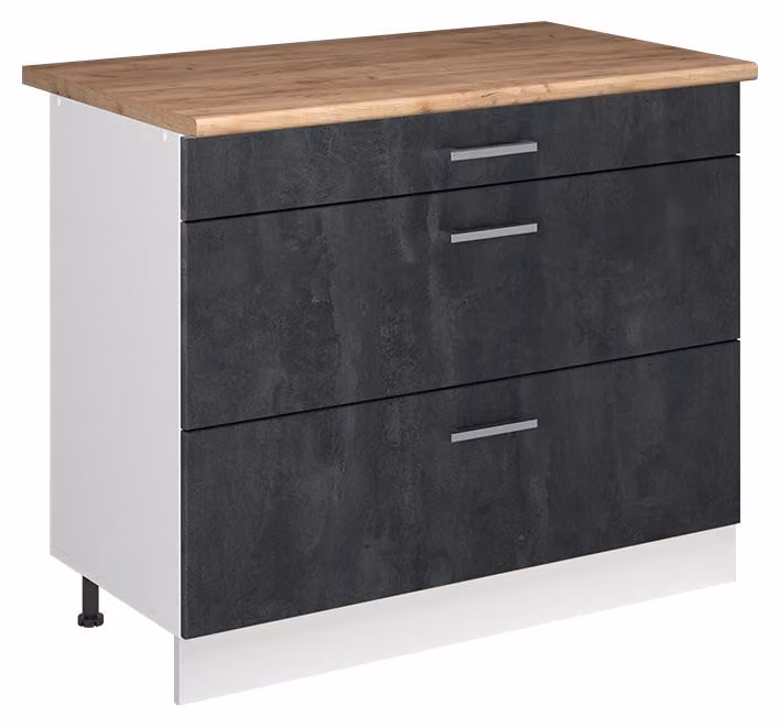 Mobiletto base per cucina Vicco R-Line Calce nera/Bianco 100 cm piano di lavoro Rovere dorato, Model 71525
