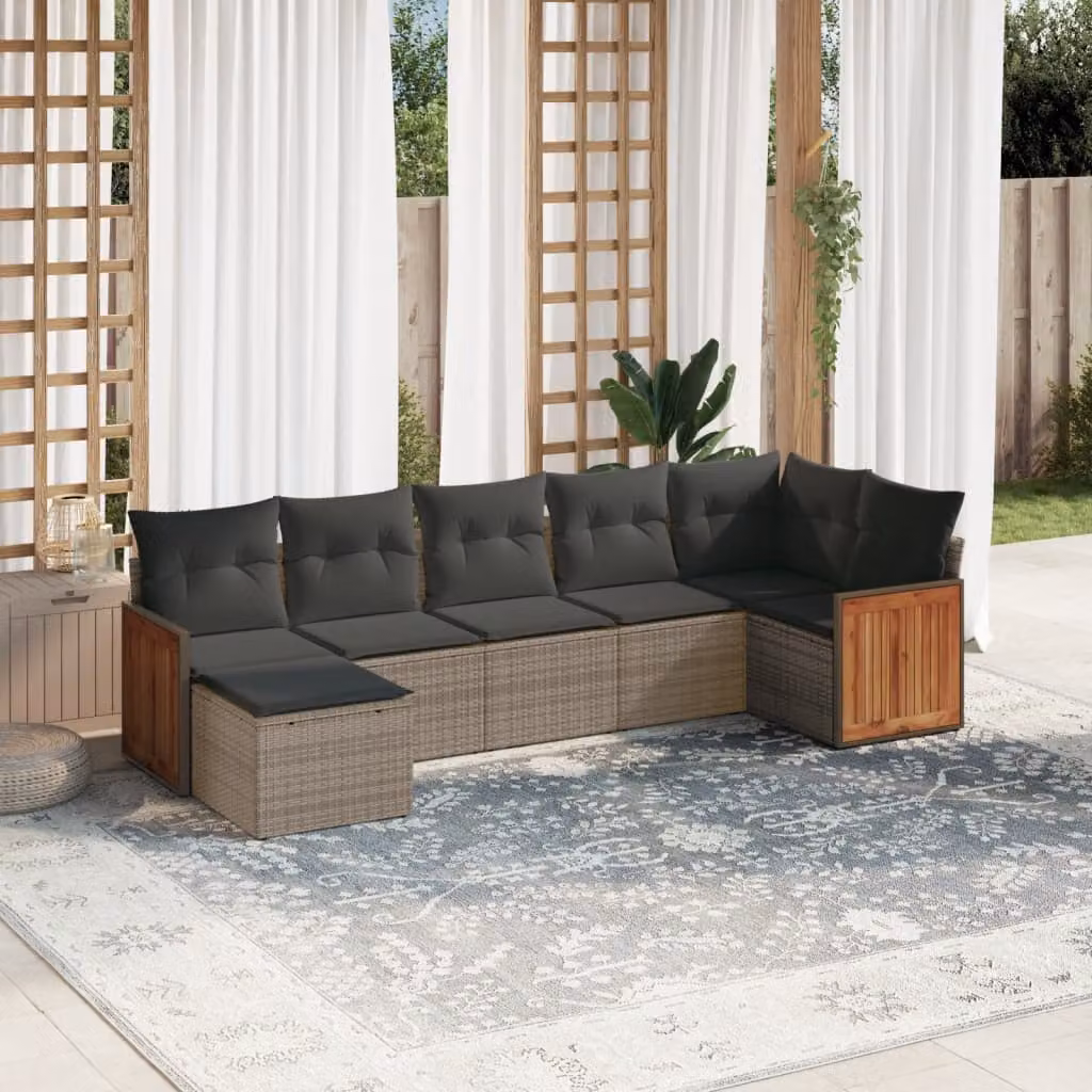 Set di divani da giardino vidaXL a forma di L composto da 7 pezzi in polyrattan grigio con cuscini inclusi – 1