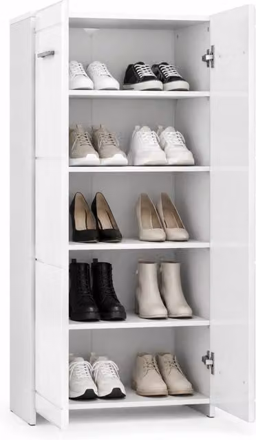 Scarpiera moderna in MDF bianco lucido con ante a battente e ripiani interni, ideale per ingresso o camera da letto, L: 55 cm, P: 36 cm, H: 108 cm