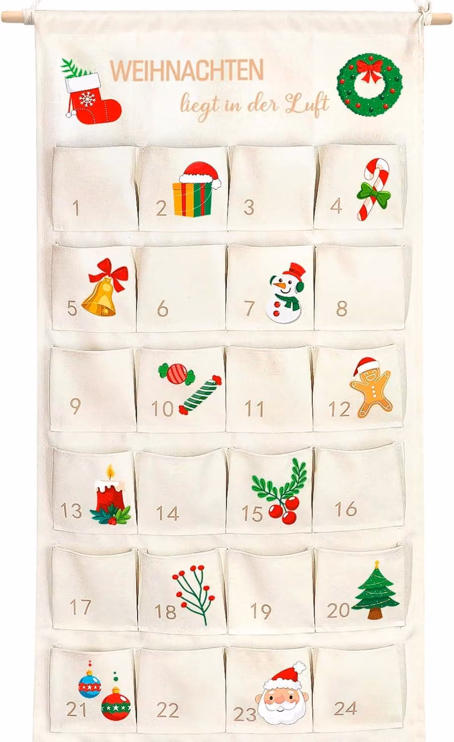 Calendario dell'Avvento da riempire, in tessuto - 100 x 50 cm, calendario di Natale riutilizzabile con 24 sacchetti