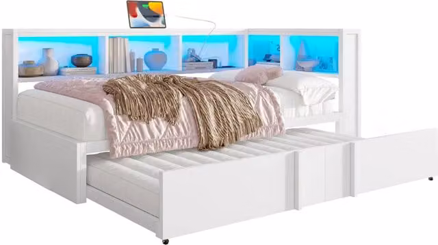 Letto da giorno moderno in metallo e MDF bianco con letto estraibile, armadietti laterali, illuminazione LED e porte USB, dimensioni 90x200 cm