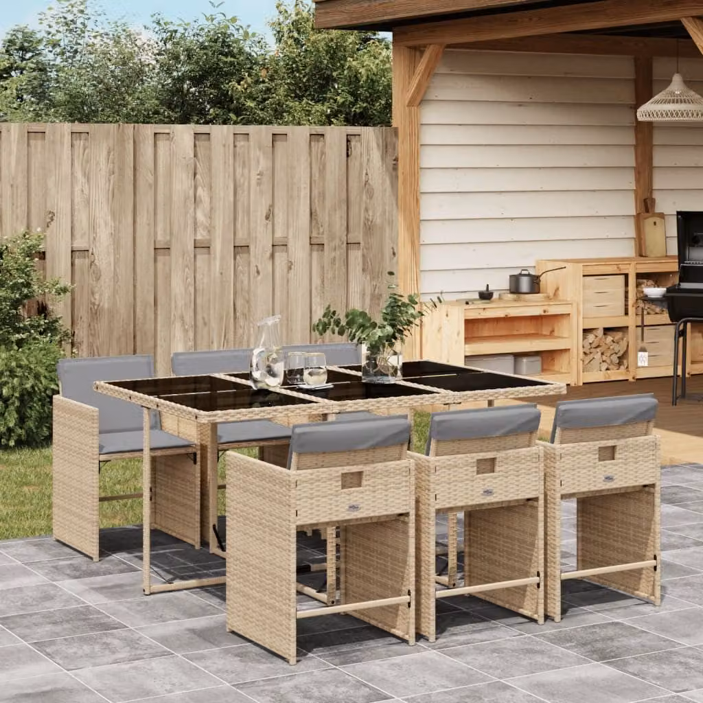 Set Pranzo da Giardino vidaXL in Polyrattan con Cuscini Beige e Piano in Vetro, 7 Pezzi – 1