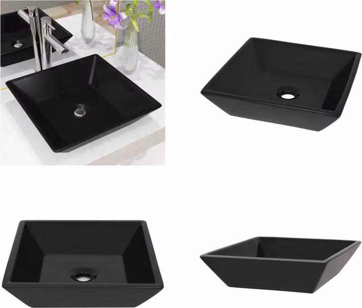vidaXL Lavabo in Vetroceramica quadrato nero 41,5 x 41,5 x 12 cm - Lavabo - Lavatoio - Lavatoi