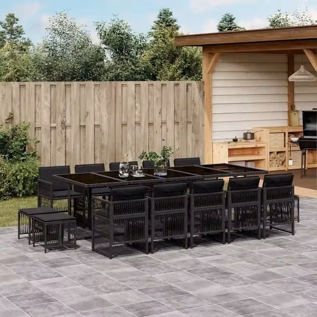 Set da Pranzo da Giardino 15 pz con Cuscini Nero in Polyrattan 3210991